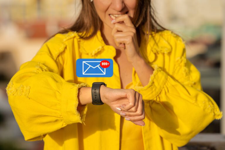 Professional woman checking smartwatch overloaded with unread messages—representing the hidden chaos many adults with ADHD feel despite appearing put together.