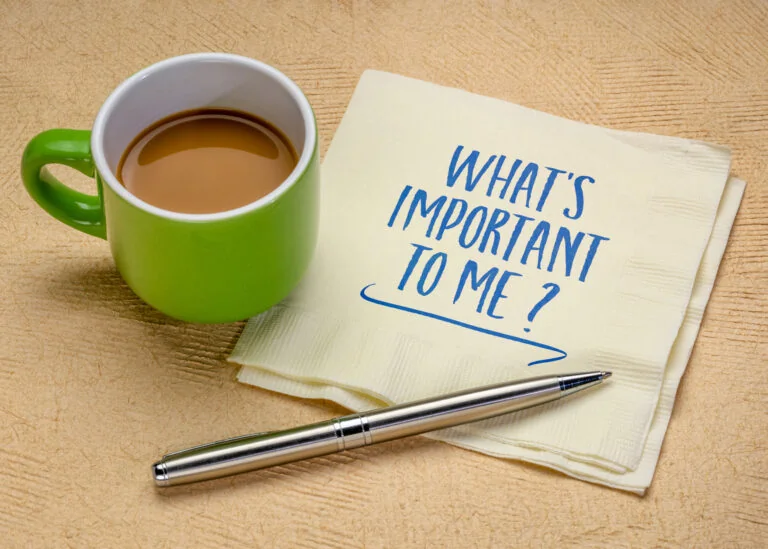 Coffee cup and handwritten note asking “What’s Important to Me?” representing ADHD prioritization and deciding what matters most.