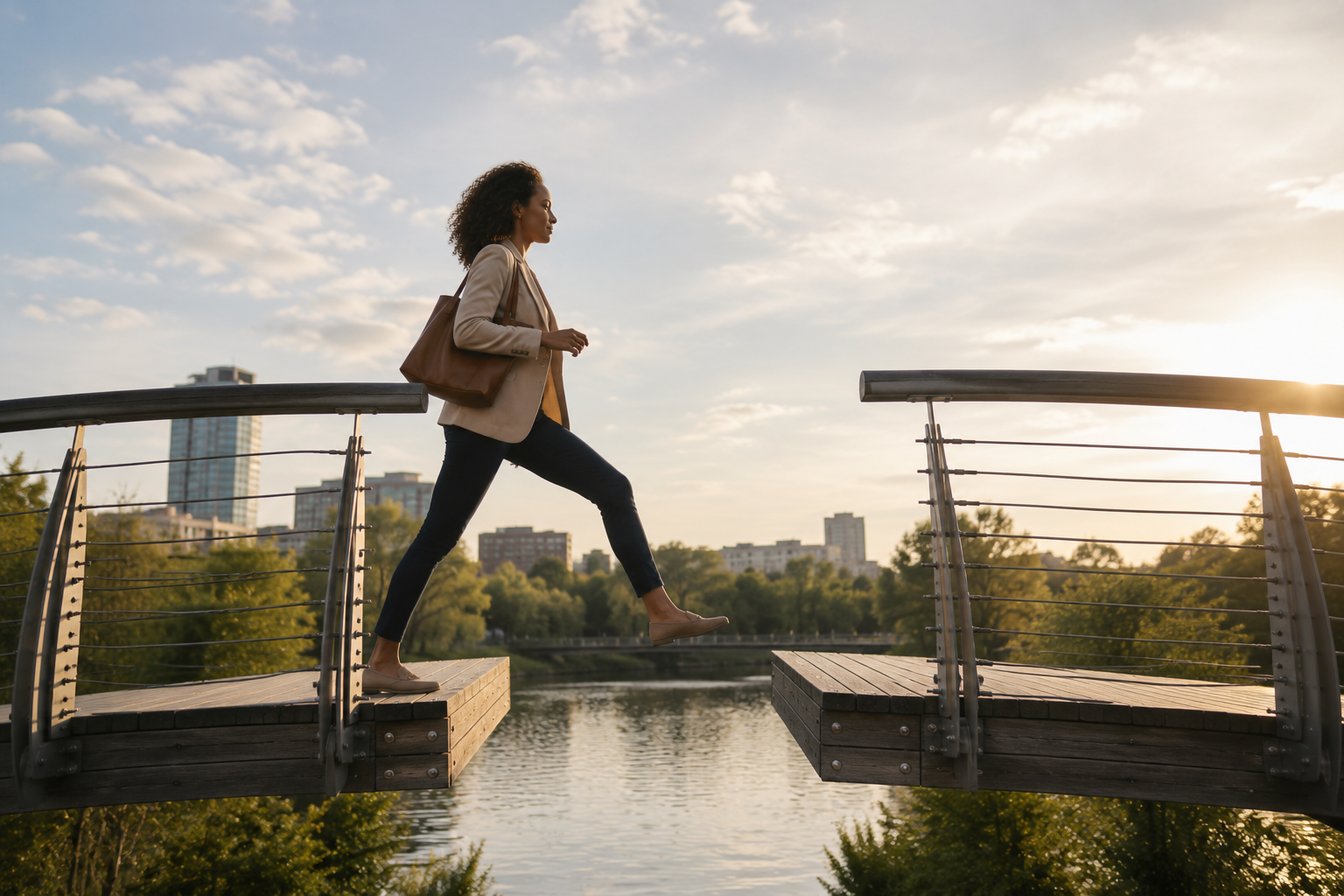An ADHD adult steps across a gap in a bridge, symbolizing how to follow through on priorities and turn intentions into action.