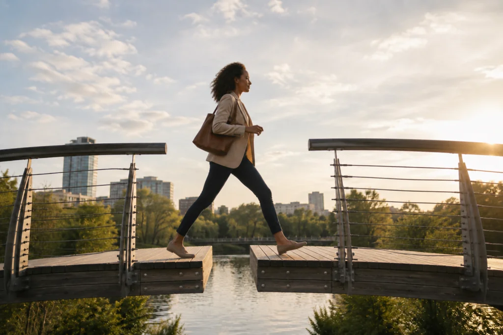 An ADHD adult steps across a gap in a bridge, symbolizing how to follow through on priorities and turn intentions into action.