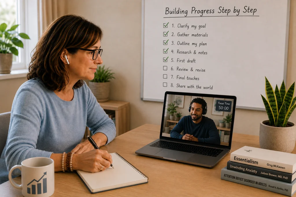 Adult with ADHD working on a long-term project while using visual reminders to recognize progress and stay motivated despite delayed rewards.