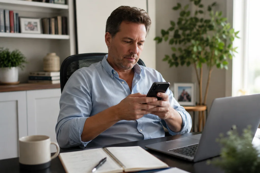 Man checking his smartphone while sitting at a desk, illustrating ADHD habits, distractions, and operating on autopilot.