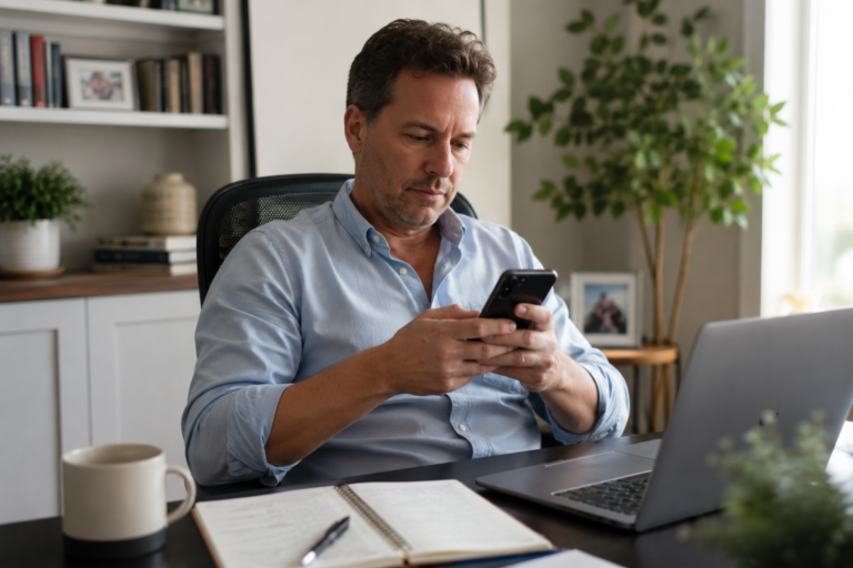 Man checking his smartphone while sitting at a desk, illustrating ADHD habits, distractions, and operating on autopilot.