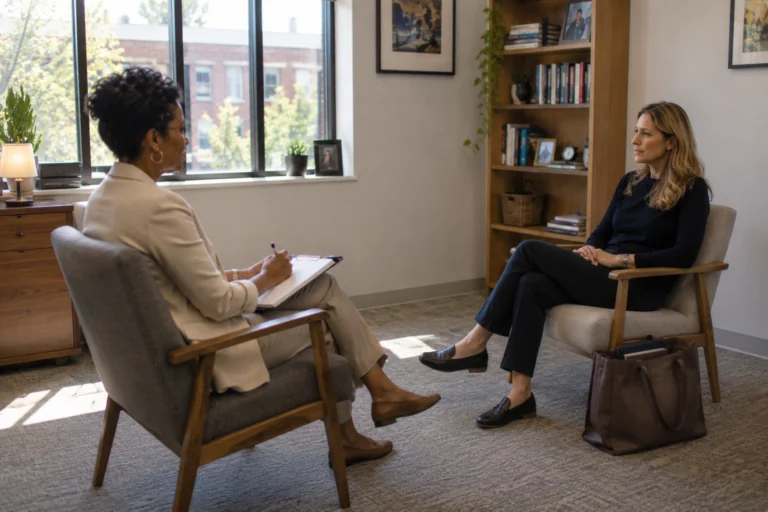Two women sit across from each other in a bright office during an adult ADHD evaluation, with the evaluator taking notes as they talk.