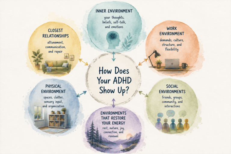How different environments affect how ADHD shows up, including inner environment, close relationships, social environments, physical environment, work environment, and restorative environments.