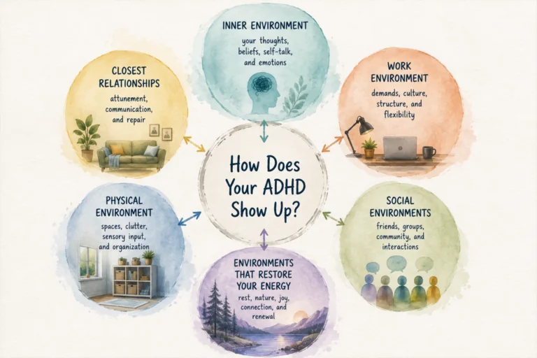 How different environments affect how ADHD shows up, including inner environment, close relationships, social environments, physical environment, work environment, and restorative environments.