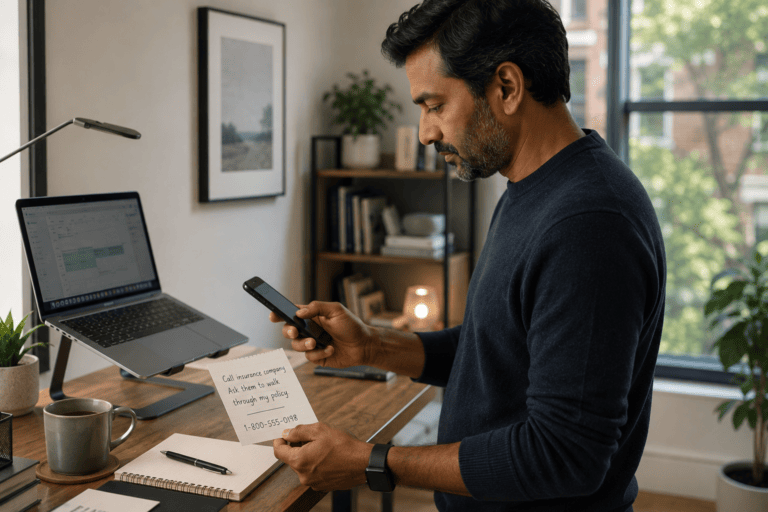 Adult with ADHD using a standing desk to turn an unclear insurance task into a specific next step, making it easier to start and follow through.