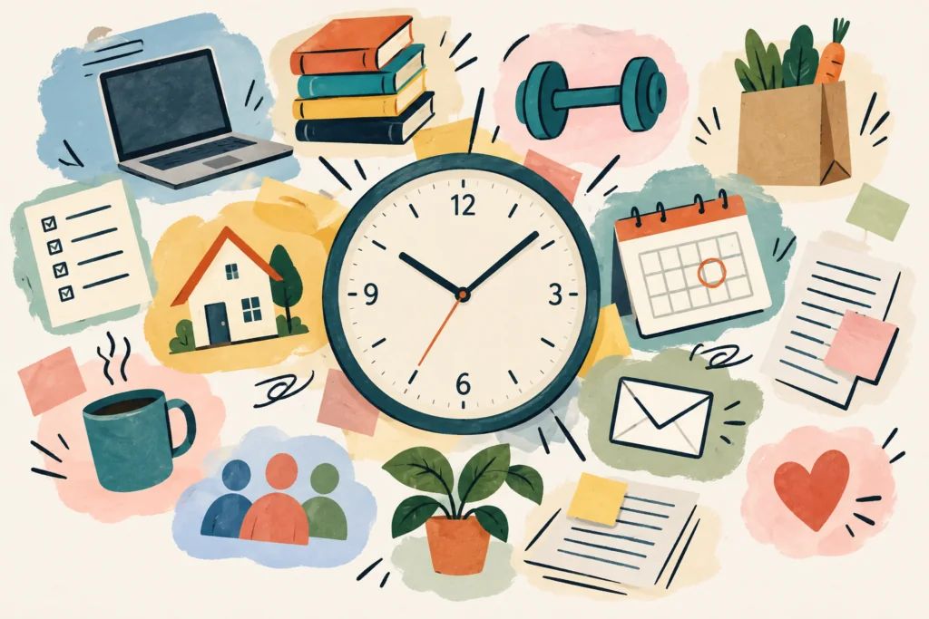 Illustration of a clock surrounded by competing tasks, including work, exercise, household chores, relationships, and appointments, representing time management challenges for adults with ADHD.