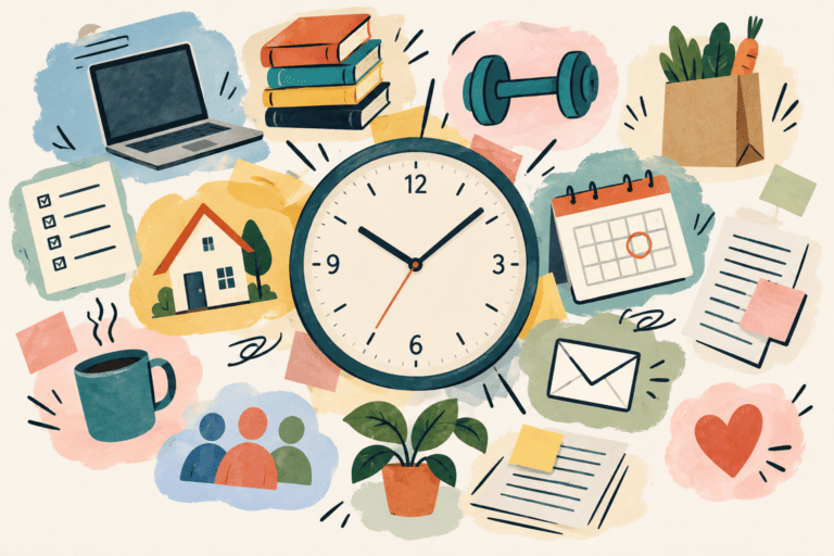 Illustration of a clock surrounded by competing tasks, including work, exercise, household chores, relationships, and appointments, representing time management challenges for adults with ADHD.