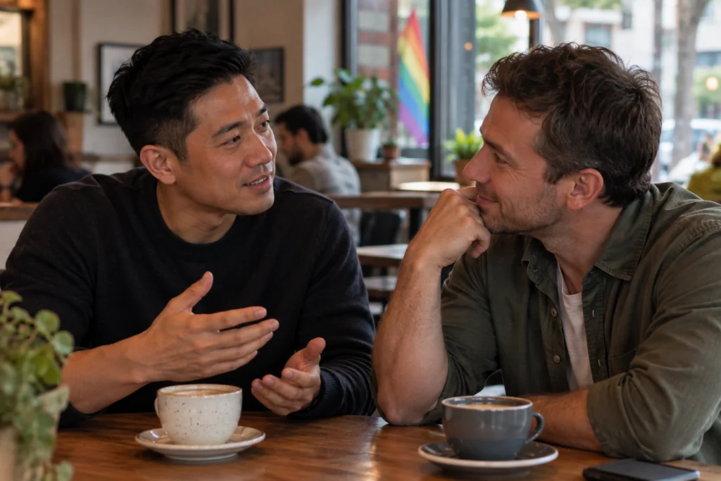 Two men engaged in conversation, illustrating how adults with ADHD can stay present and avoid zoning out.