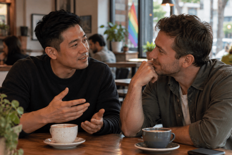 Two men engaged in conversation, illustrating how adults with ADHD can stay present and avoid zoning out.