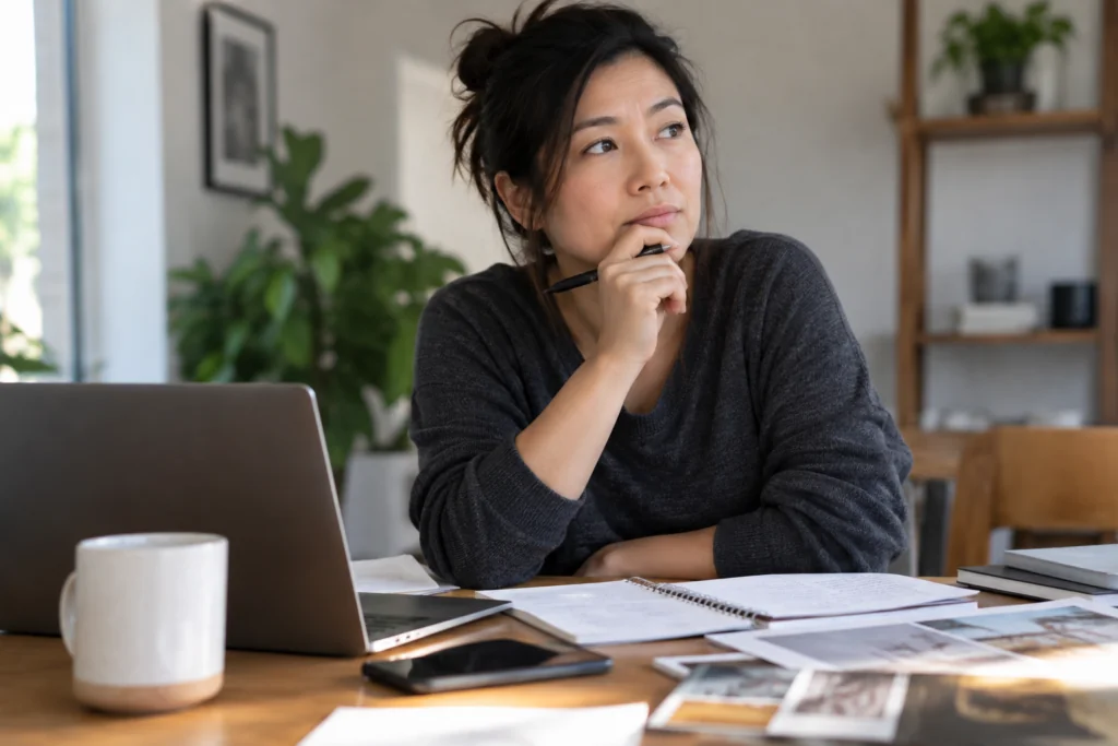 Woman thoughtfully considering a decision while sitting at a table with a laptop, notebook, and pen, illustrating decision-making challenges for adults with ADHD.